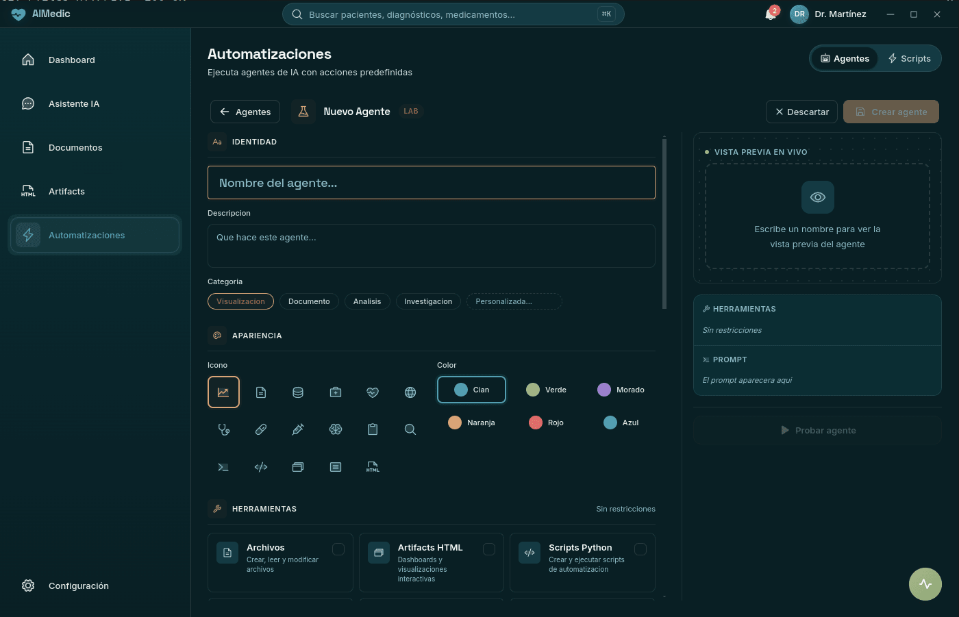 AIMEDIC Constructor de Agentes - Interfaz para crear agentes personalizados de IA