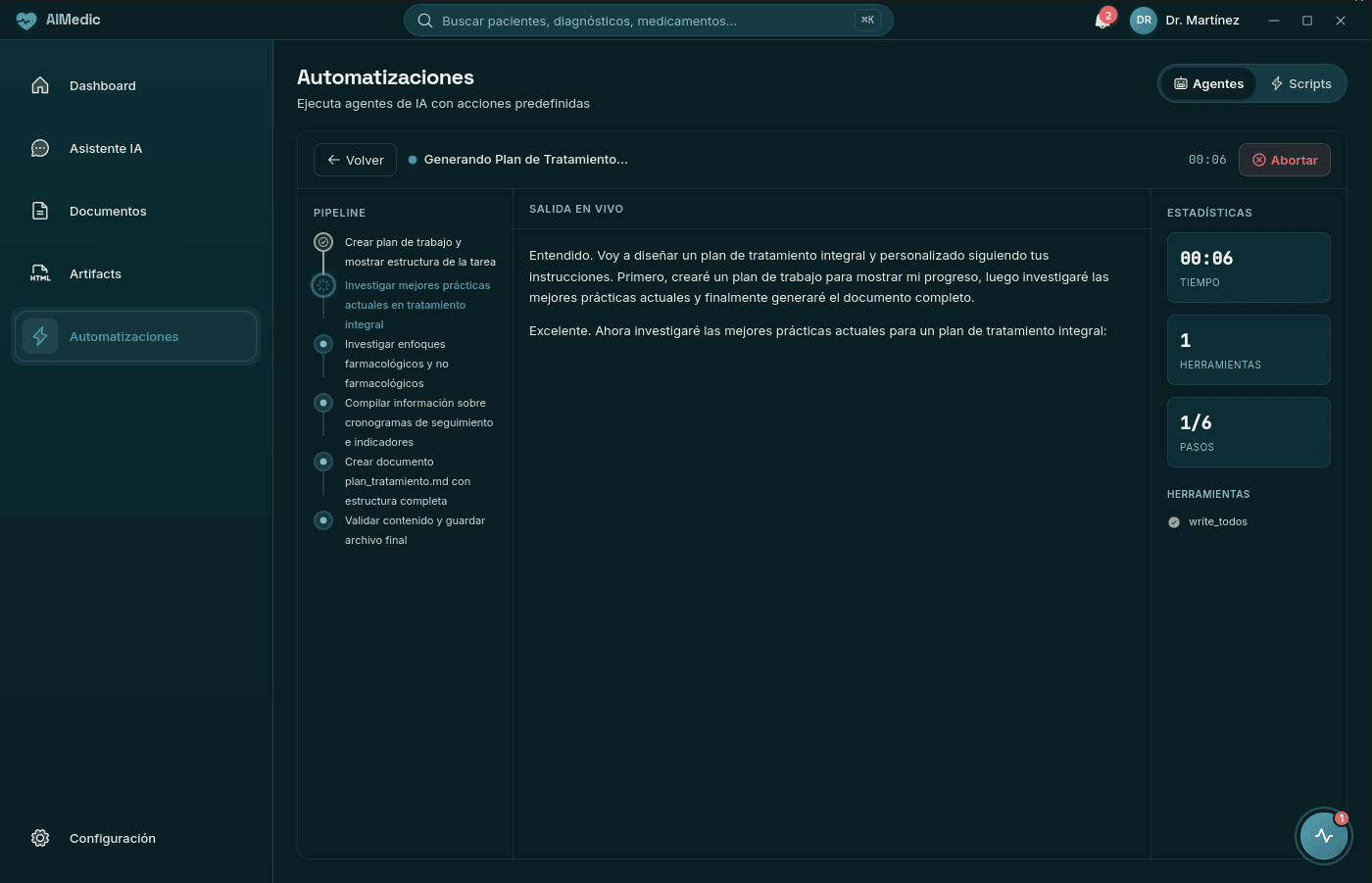 AIMEDIC Pipeline de Automatización ejecutando generación de plan de tratamiento en vivo